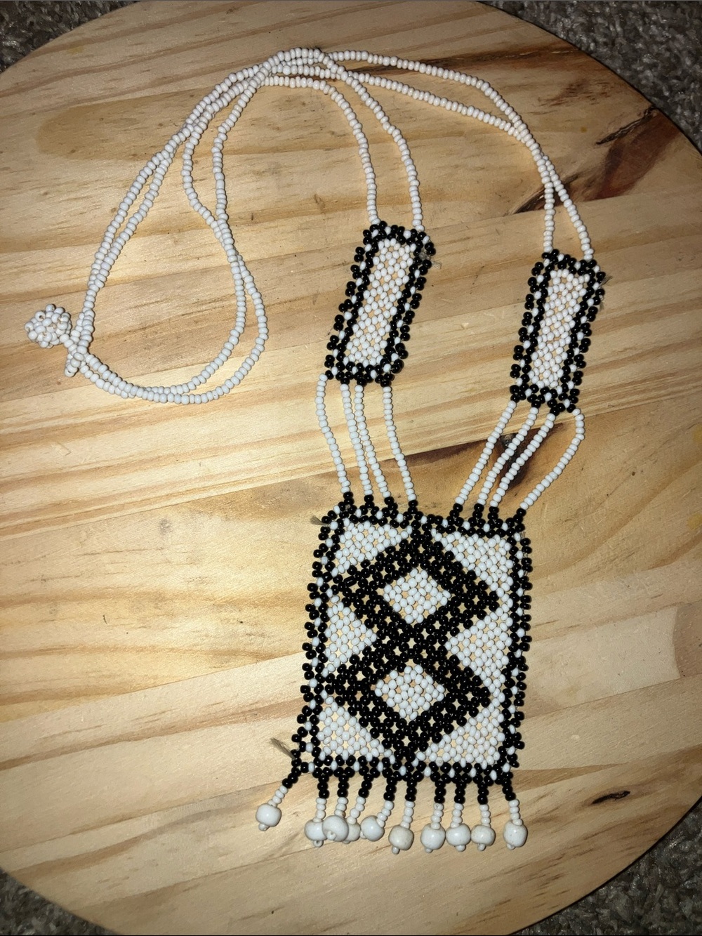 Hand Crafted Black & White Geometric Beaded Pendant Necklace 20”